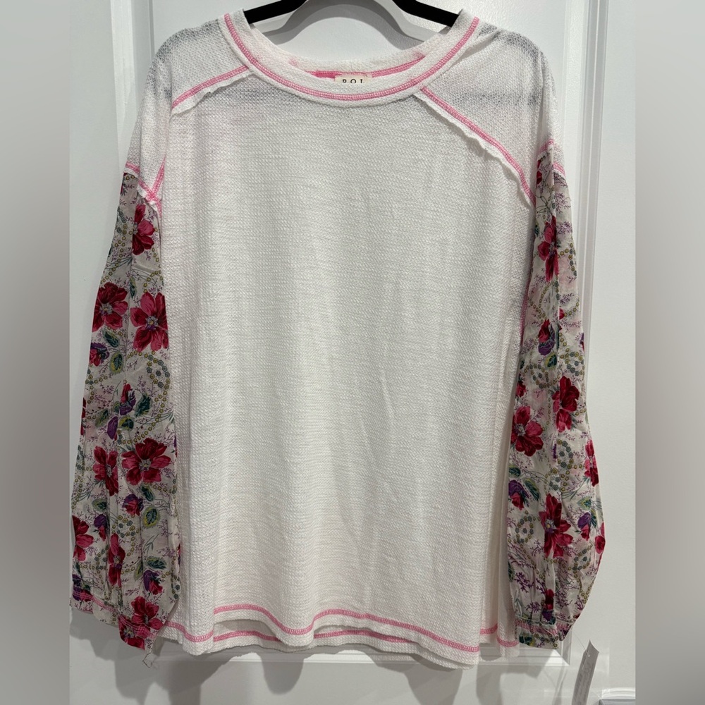 POL White Blouse with Floral Sleeves NWT